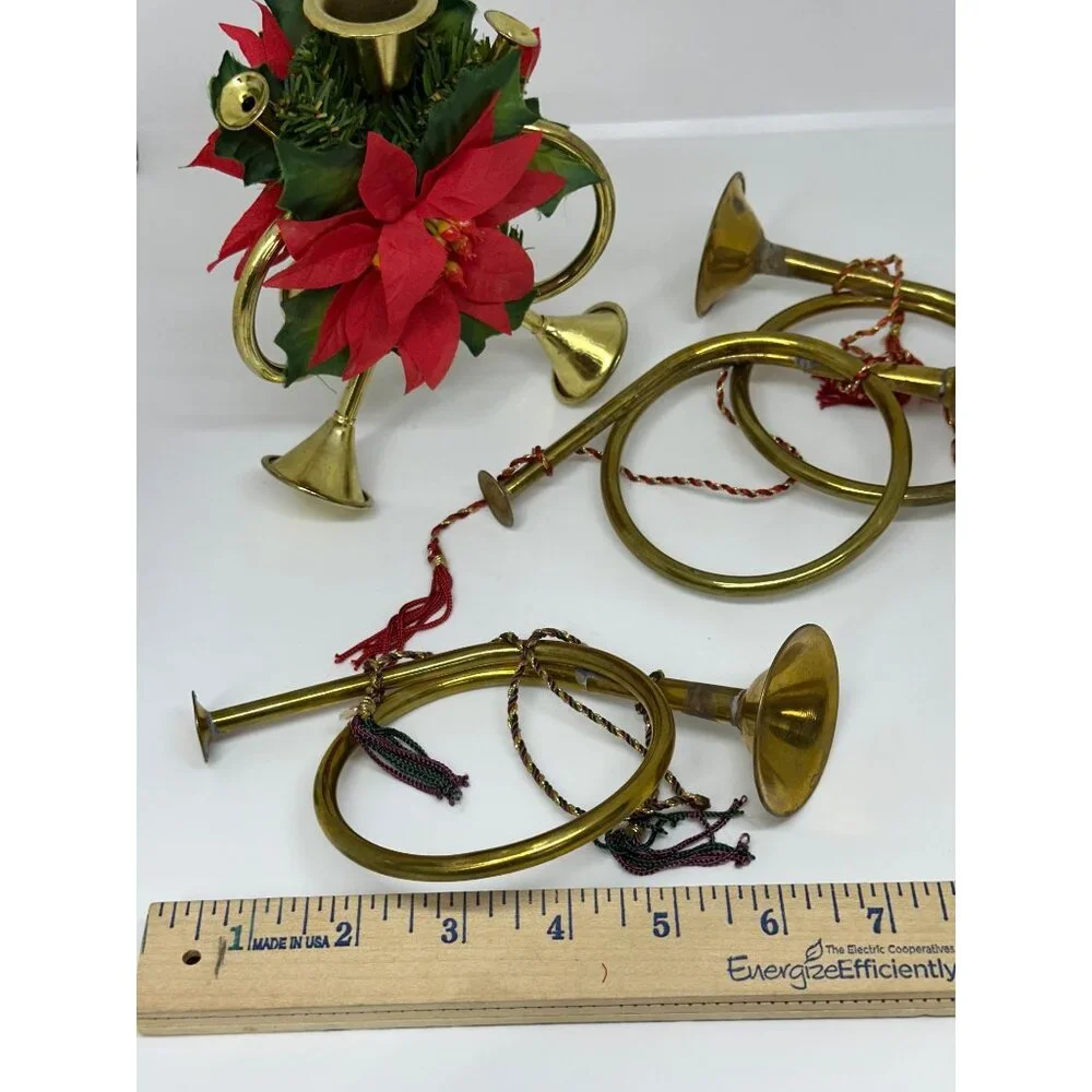 VTG Brass Trumpet Horns‎ Christmas Decor Set 4 Gold Tone Poinsettia Wreath 4